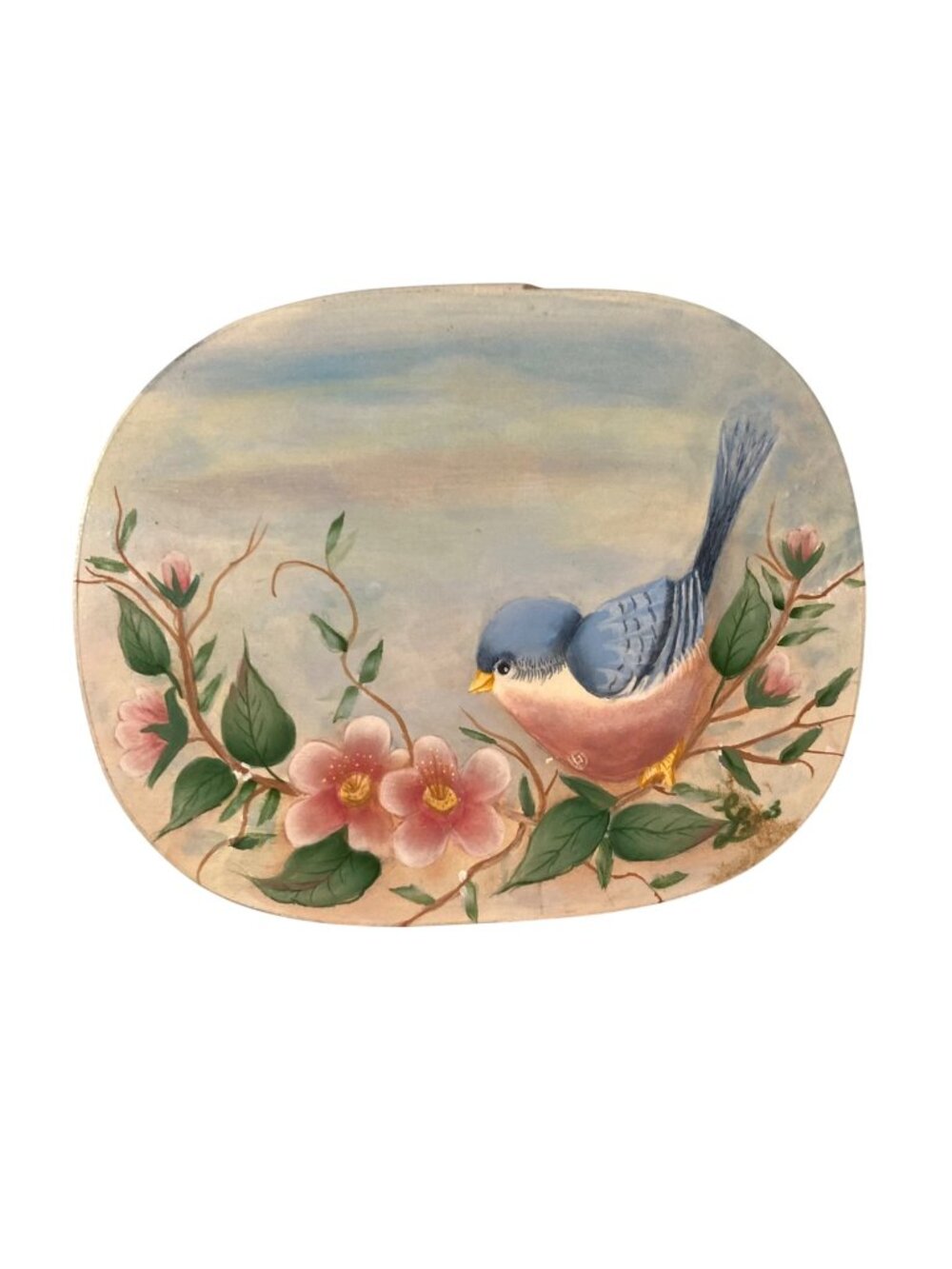 Hand Painted Oval Wooden Shaker Style Box With Bluebird & Floral Design